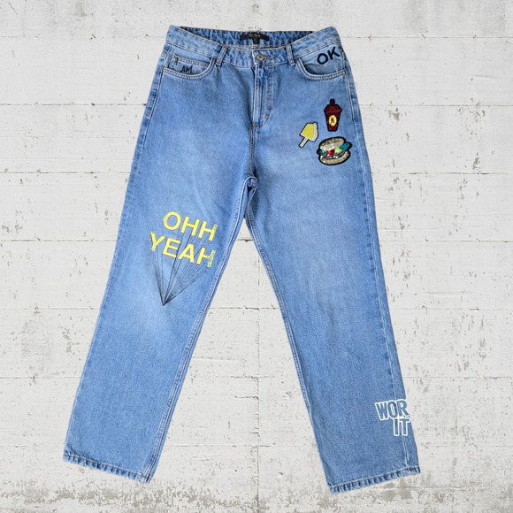 Zara Light Wash Graphic Print Embroidered Indie High Rise Straight Jeans Size 8 - Picture 1 of 11